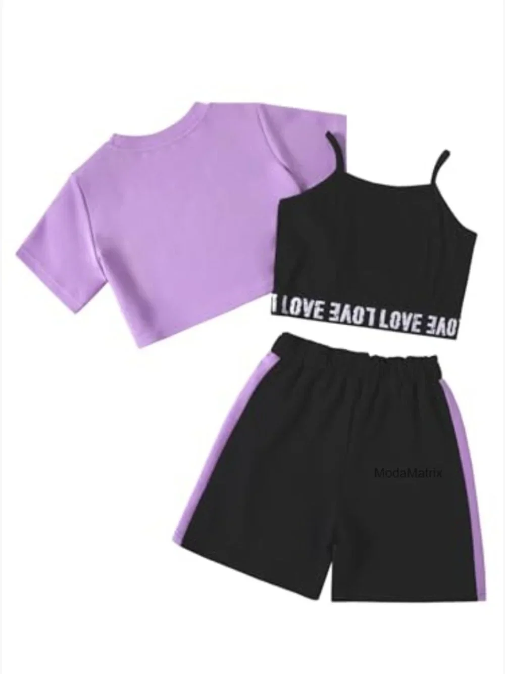 Girls 3 Piece Summer Outfits Crop Tee Cami Top Shorts Set_2